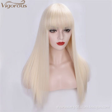 Vigorous High Temperature Long Straight with Bangs 613 Blonde Synthetic Hair Wigs for Women Daily Use Wholesale Price